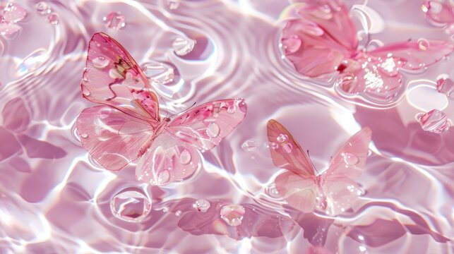 several pink crystal butterflies with transparent wings, reflecting a delicate and sacred appearance as they create ripples on crystal clear, sparkling water, forming a seamless pattern.