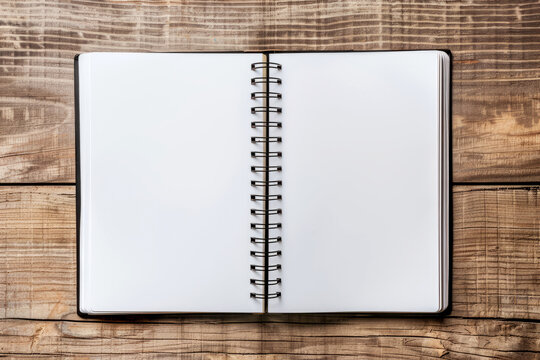 Open notebook with blank white pages with space for text or inscriptions on wooden boards background, top view
