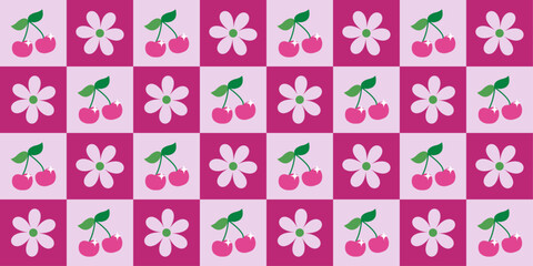 Checkered cherry and flower seamless pattern in pink colors. Aesthetic vintage print illustration in 2000s for background, textile, wrapping paper, fabric, wallpaper, cover design. Vector
