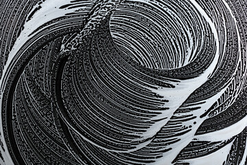 soap foam waves wipe marks on glass, close up, black and white background