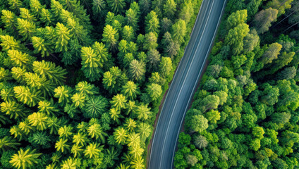 Road Through Forest. A Scenic Journey Amidst Nature Splendor, Embracing the Beauty of Green Woodlands and Tranquil Countryside Landscape, Offering a Serene Escape into the Heart of the Outdoors - Powered by Adobe