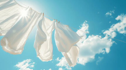 White sheets dry on a clothesline against the background of a blue sunny sky. Laundry day concept. Generative AI