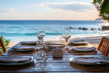 A beautifully arranged dining table set for a meal with a backdrop of an ocean view, perfect for a romantic dinner