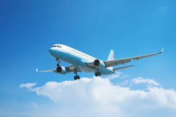 A commercial jetliner is captured mid-flight with landing gear down against a clear blue sky, showcasing modern air travel
