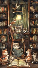 A charming cat sitting in a cozy library surrounded by books and other animals This whimsical illustration is sure to add a touch of storybook charm to any space