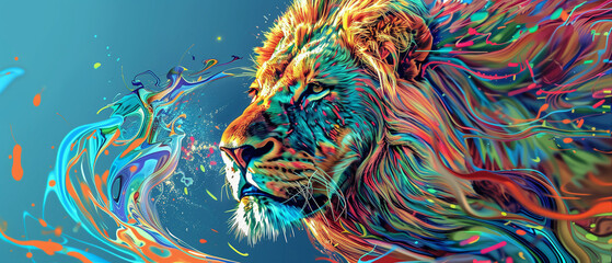 Neon Spectrum Lion: Artistic Wildlife Fusion