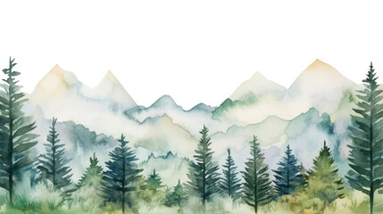 Watercolor mountains spruce trees landscape forest border, isolated hand drawn, watercolor illustration transparent background - Generative ai