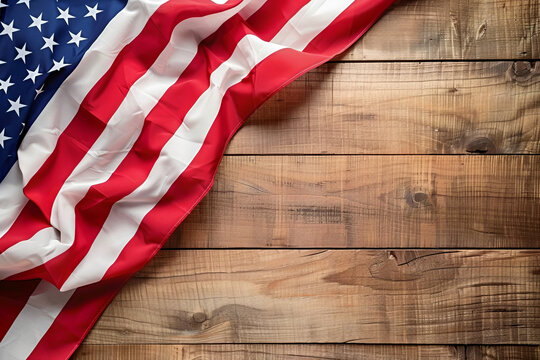 Wooden blank space made of boards with the flag of the United States next to it. Place for product, text or inscriptions, top view
