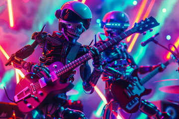Two robot musicians playing electric guitars at a concert, generative ai - obrazy, fototapety, plakaty