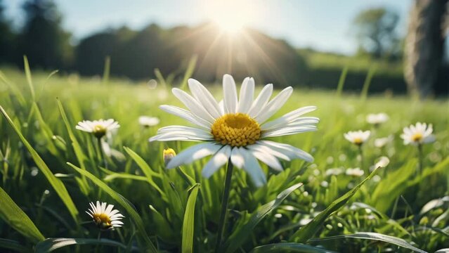 Spring daisy flower in grass on a sunny day