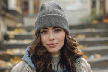 Woman wearing gray hat for beanie mockup. Portrait of a woman with long hair on the street.