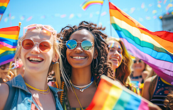 LGBT parade with smiling girls, generative ai