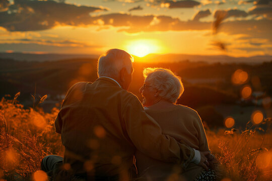 An elderly couple enjoys the sunset, generative ai
