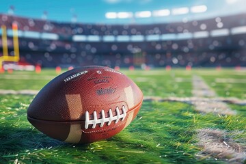 Close-up of an American football on the grass with stadium lights in the background, capturing the essence of the game