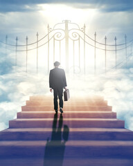 Businessman, staircase and light to guide to heaven or eternity for afterlife, salvation and...