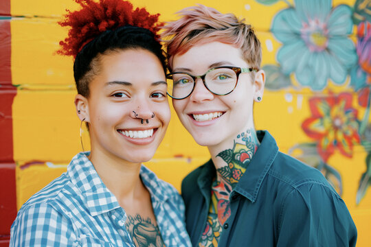 Smiling LGBTQ couple looks into the camera, generative ai