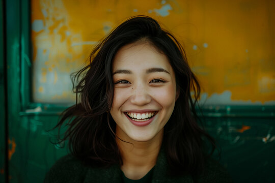 Young Asian girl looks into the camera, generative ai