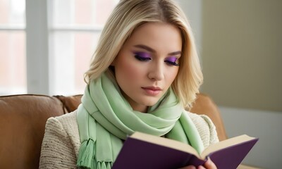 Young woman with vibrant purple eyeshadow is engrossed in reading a book, wearing a cozy green scarf. Moment of leisure, National Reading Month concept. AI Illustration