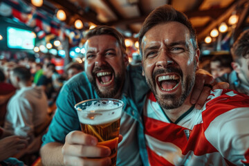 Happy soccer fan drinks beer in bar - obrazy, fototapety, plakaty