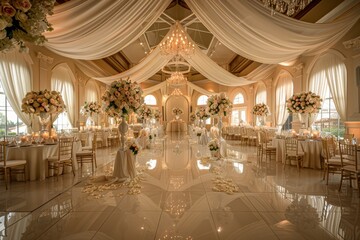 Fototapeta na wymiar Luxurious Wedding Hall with Elegant Chandeliers. Generative AI