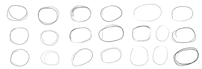 Hand drawn doodle grunge circle highlights. Charcoal pen round ovals. Marker scratch scribble in rounder. Round scrawl frames.  freehand painted circular note, Vector file illustration,