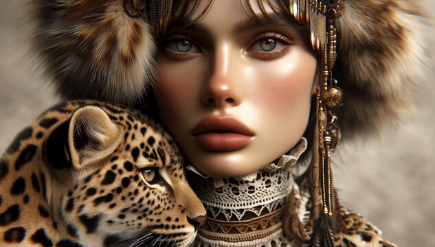 Close-up of a woman in leopard print, tenderly close to a leopard, with a soft gaze and intricate jewellery.