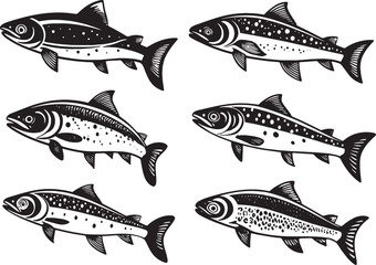 Group of salmon fish on white background. Underwater animals. Food. Easy editable layered vector illustration. Generative AI.