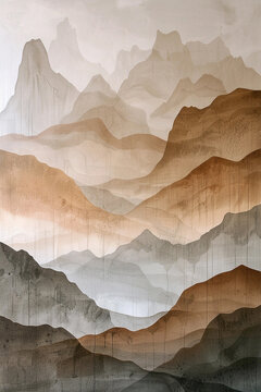 Brown and beige abstract mountain landscape. Modern boho neutral textured wall art. Vertical nature background.