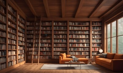 Grand wooden bookshelf with array of books in cozy room. Education, literature, and National Reading Month concept. AI Illustration