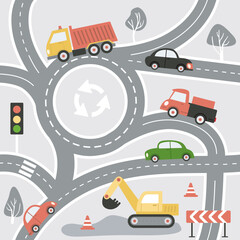 seamless pattern with various cars, traffic lights and road signs on a grey background. Illustration of highway in a cute children's style for Wallpaper, fabric, and textile design. - 752934216