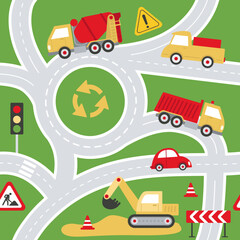 seamless pattern with various cars, traffic lights and road signs on green background. Illustration of highway in a cute children's style for Wallpaper, fabric, and textile design. - 752934224