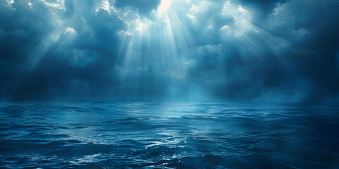 Rays coming from clouds in blue sea,The blue water rising towards sunlight - obrazy, fototapety, plakaty