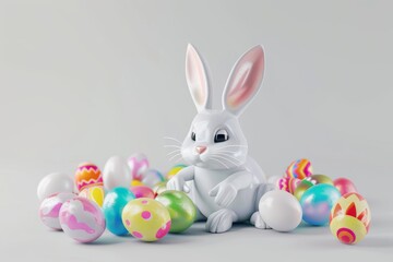 Fototapeta premium Colorful Easter Egg Basket Sunday brunch. Happy easter crimson red bunny. 3d Vibrant Easter eggs hare rabbit illustration. Cute Red Berry festive card Traditional Illustration copy space wallpaper