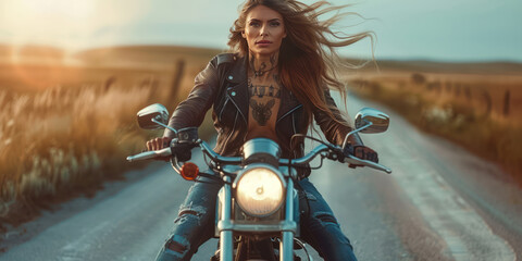 Plakat A Beautiful woman biker wearing glass with tattoos muscled arms and legs, long hair in the wind, high heel boots, leather jacket, riding a motorcycle