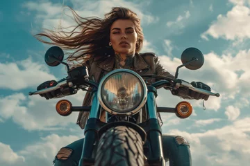 Cercles muraux Moto A Beautiful woman biker wearing glass with tattoos muscled arms and legs, long hair in the wind, high heel boots, leather jacket, riding a motorcycle