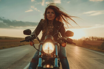 A Beautiful woman biker wearing glass with tattoos muscled arms and legs, long hair in the wind,...