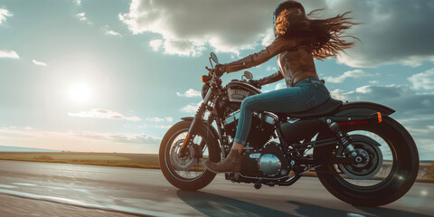 A Beautiful woman biker wearing glass with tattoos muscled arms and legs, long hair in the wind, high heel boots, leather jacket, riding a motorcycle