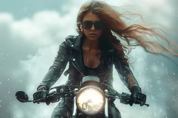 Papier Peint photo Moto A Beautiful woman biker wearing glass with tattoos muscled arms and legs, long hair in the wind, high heel boots, leather jacket, riding a motorcycle