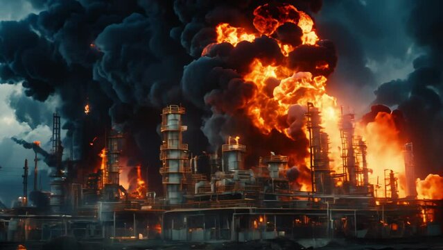 Major fire at an industrial oil refinery. Powerful explosion with black smoke cloud 