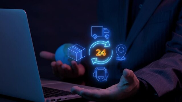 Concept of E-commerce, delivery and logistic chain sign. Freight supplier symbol. Businessman holding planet earth global to show animation of supply chain line icon.
