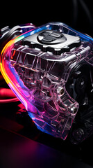 Studio-lit ambiance highlights the intricacies of a high-performance vehicle's customized intake manifold.
