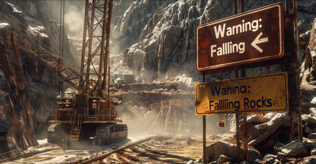 Industrial construction site with heavy machinery and a warning sign about falling rocks under a cloudy sky.