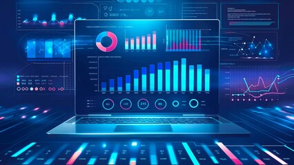 3D business dashboard finance with graph on a laptop with aspects of business analysis.