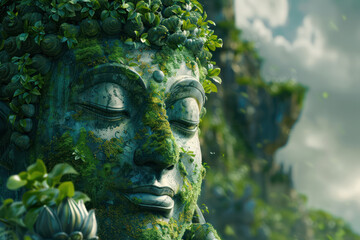 A large green Buddha statue on the left side, covered with moss and imposing