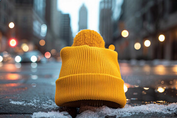 Yellow hat for beanie mockup on blurred cityscape background.