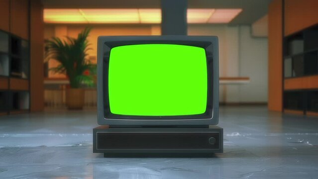 Vintage TV chroma key green screen displaying static noise, placed in an office environment with warm lighting.