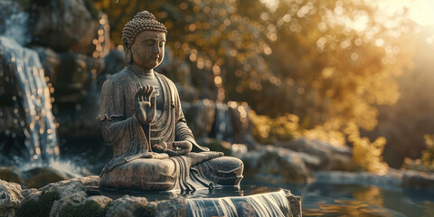 A statue of Buddha in the posture of holding hands is carved in stone on a high cliff with a waterfall flowing