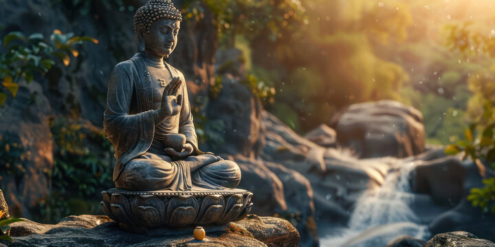 A statue of Buddha in the posture of holding hands is carved in stone on a high cliff with a waterfall flowing