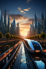 Fototapeta na wymiar A futuristic cityscape with a hyperloop system connecting cities at incredible speeds.