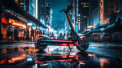 An electric scooter on urban street background - the trend toward compact, efficient, and personalized modes of transportation.